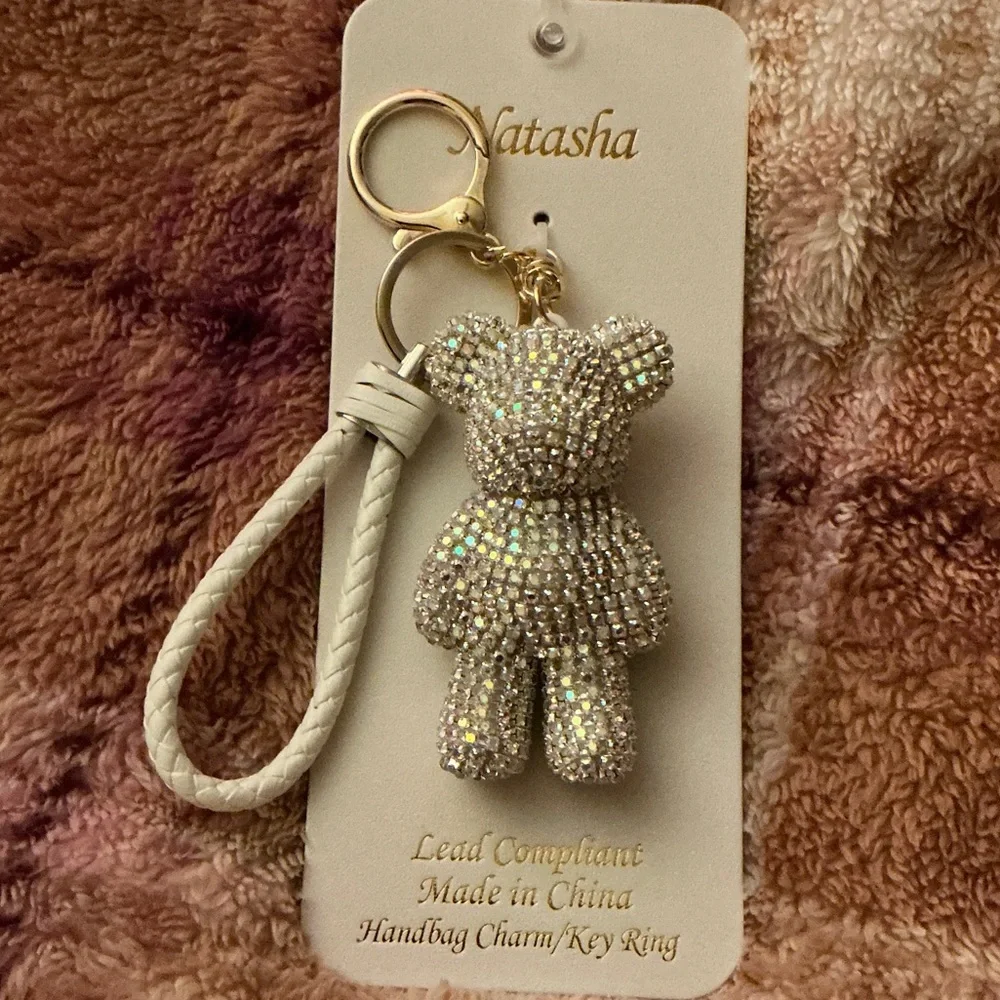 Keychain/Bag Charm Natasha Couture Iridescent Crystal Bear with White Strap